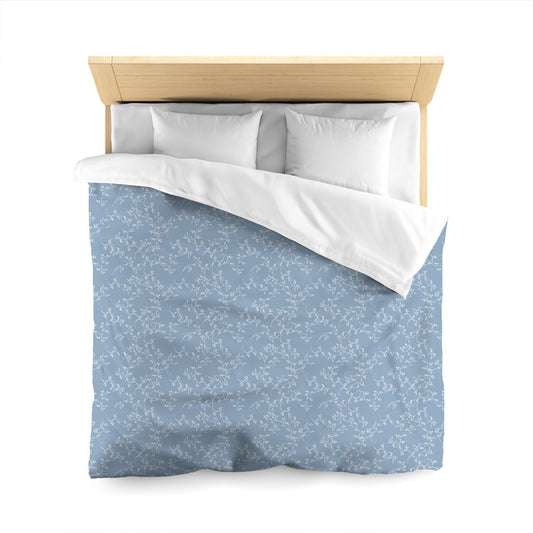 Blue Cotton Sateen Duvet Cover, Off-white Hand-painted Vine Print, Queen (width x length) 90 x 90 inches / 229 x 229 cm
