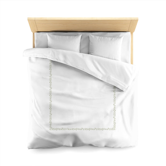 White Microfiber Duvet Cover, Pale Green Hand-painted Dab Motif Print, Classic Border, Queen (width x length) 88 x 88 inches / 224 x 224 cm