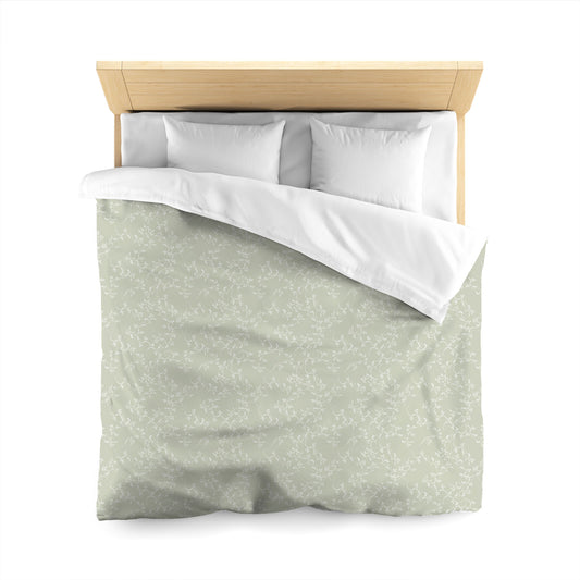Pale Green Microfiber Duvet Cover, White Hand-painted Vine Print, Queen (width x length) 88 x 88 inches / 224 x 224 cm