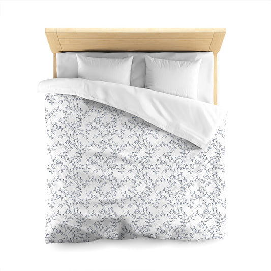 White Microfiber Duvet Cover, Navy Blue Hand-painted Vine Print, Queen (width x length) 88 x 88 inches / 224 x 224 cm