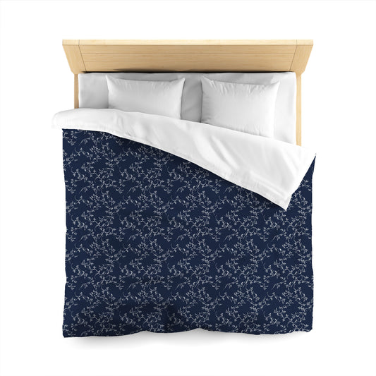 Navy Blue Microfiber Duvet Cover, White Hand-painted Vine Print, Queen (width x length) 88 x 88 inches / 224 x 224 cm