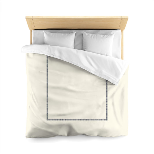 Pale Cream Microfibre Duvet Cover, Navy Blue Single Weave Motif Print, Classic Border, Queen (width x length) 88 x 88 inches / 224 x 224 cm