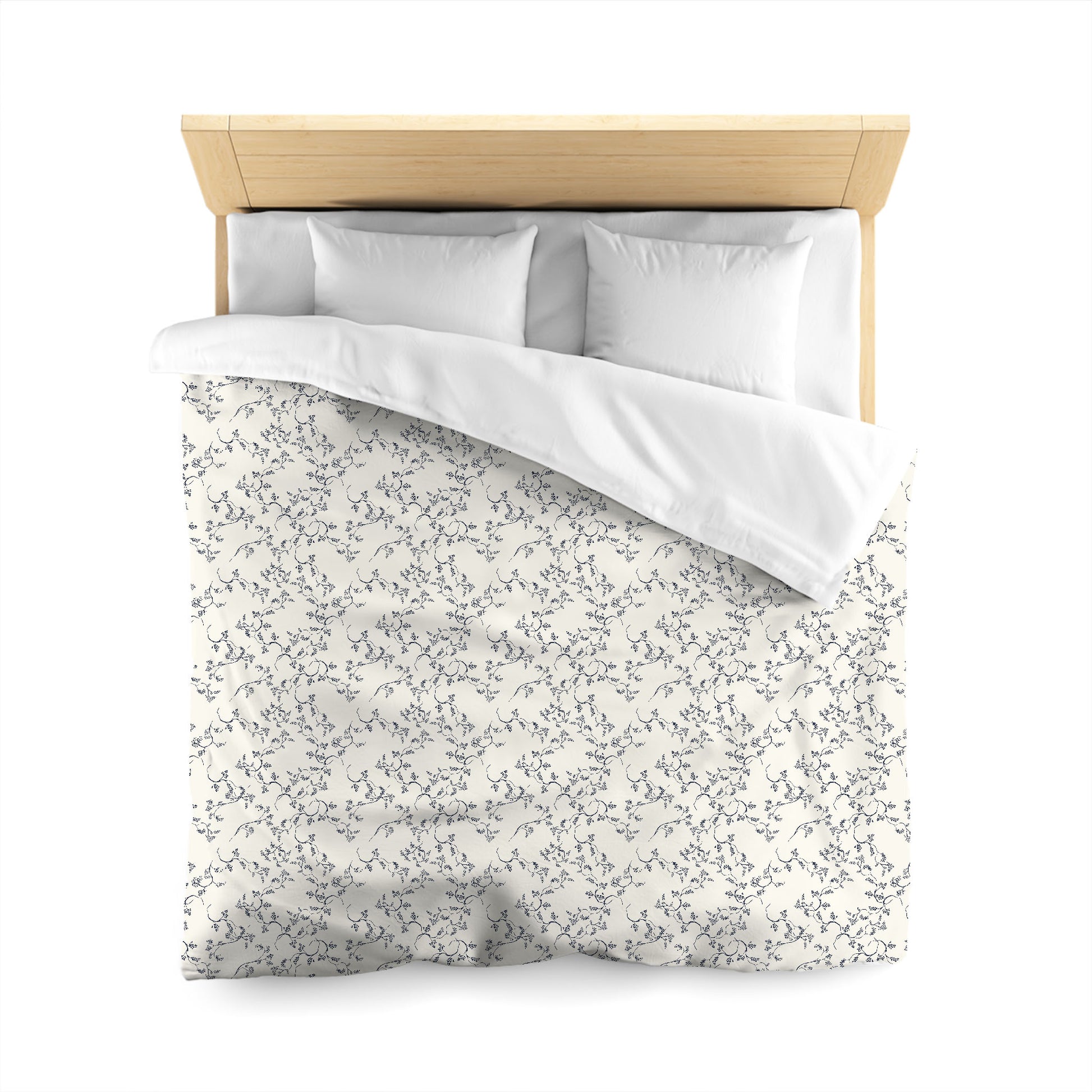 Pale Cream Cotton Sateen Duvet Cover, Navy Blue Hand-painted Vine Print, Queen (width x length) 90 x 90 inches / 229 x 229 cm