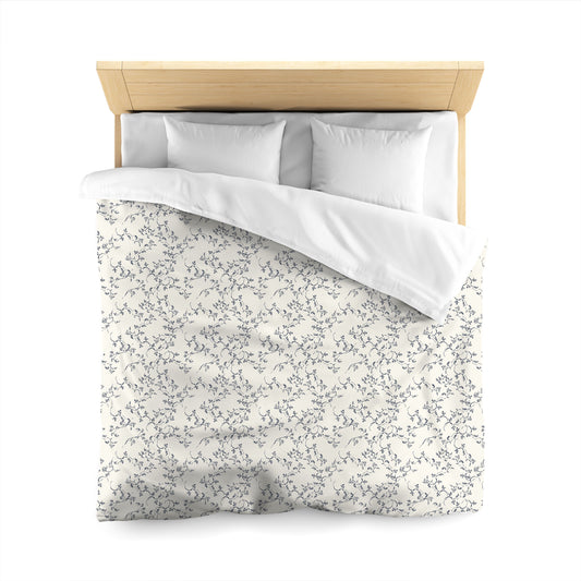 Pale Cream Microfibre Duvet Cover, Navy Blue Hand-painted Vine Print, Queen (width x length) 88 x 88 inches / 224 x 224 cm