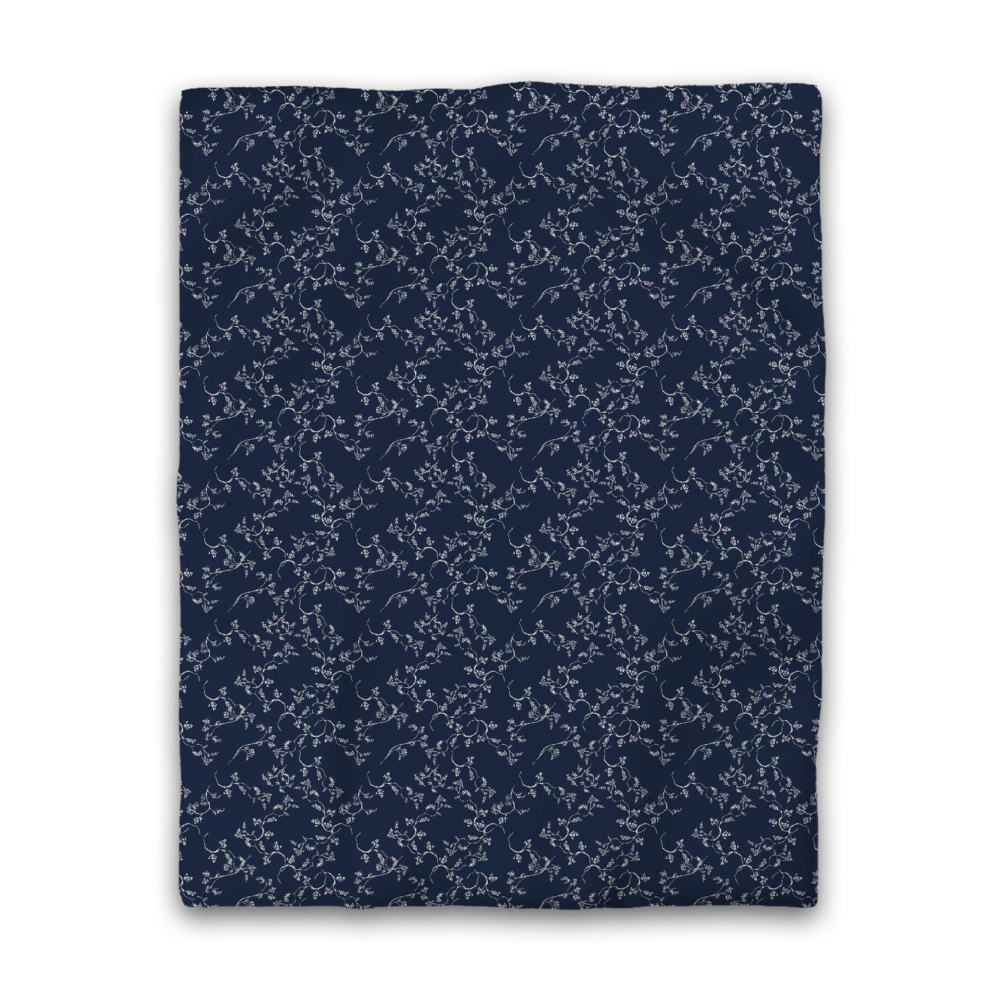 Navy Blue Cotton Sateen Duvet Cover, Pale Cream Hand-painted Vine Print, Twin (width x length) 70 x 90 inches / 178 x 229 cm