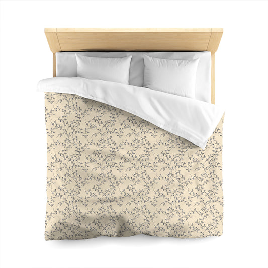 Beige Microfiber Duvet Cover, Navy Blue Hand-painted Vine Print, Queen (width x length) 88 x 88 inches / 224 x 224 cm