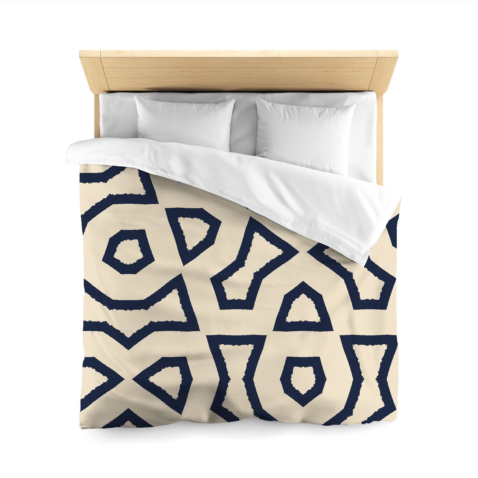 Beige Microfiber Duvet Cover, Bold Navy Blue Graphic, Queen (width x length) 88 x 88 inches / 224 x 224 cm