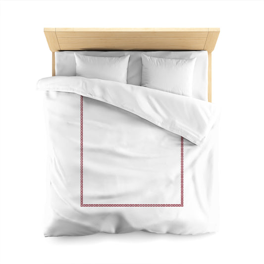 White Microfiber Duvet Cover, Burgundy Red Repeating Square Motif Print, Classic Border | MFDU-1281-121