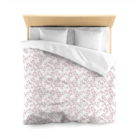 White Microfiber Duvet Cover, Burgundy Red Hand-painted Vine Print | MFDU-1281-181