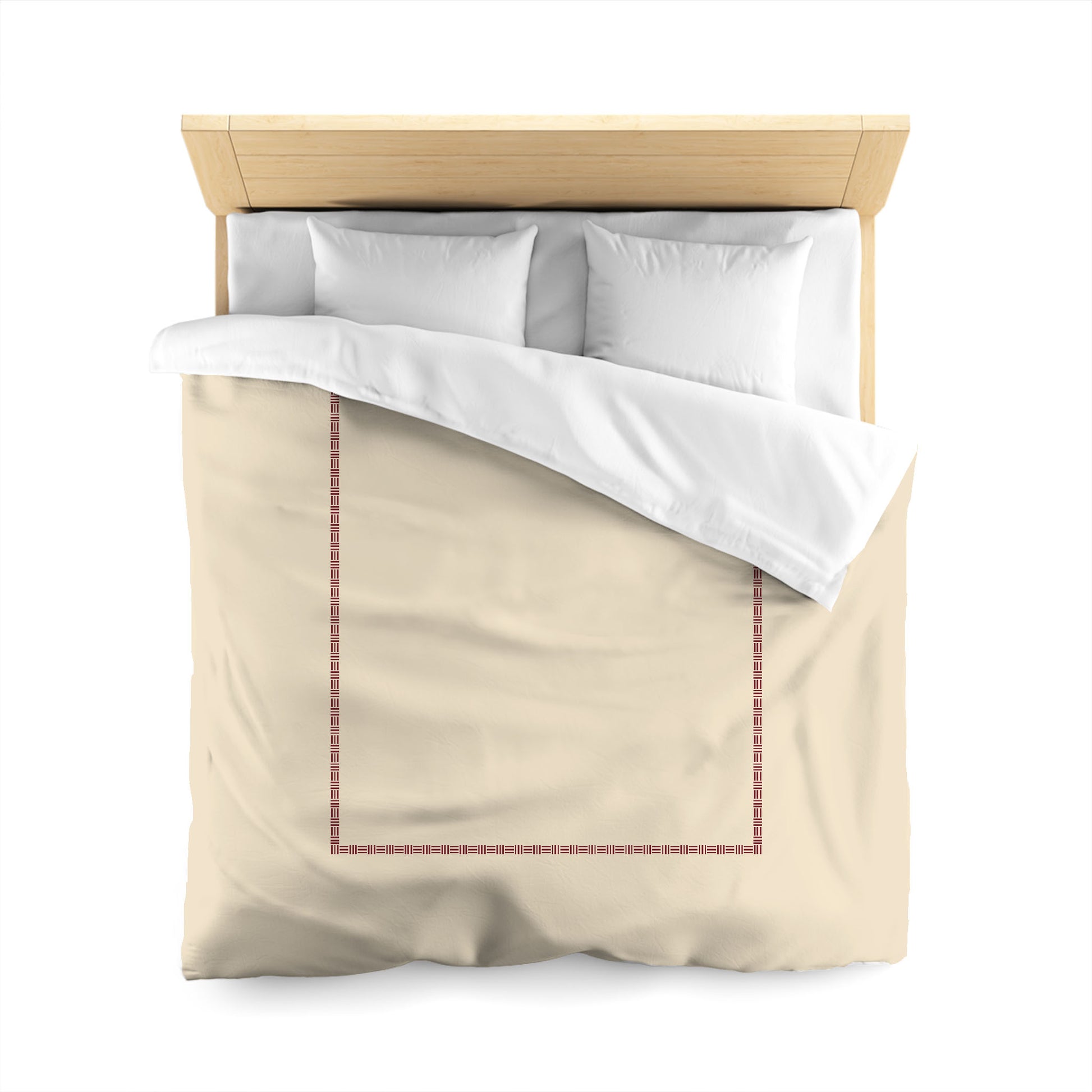 Beige Cotton Sateen Duvet Cover, Burgundy Red Single Weave Motif Print, Classic Border, Queen (width x length) 90 x 90 inches / 229 x 229 cm