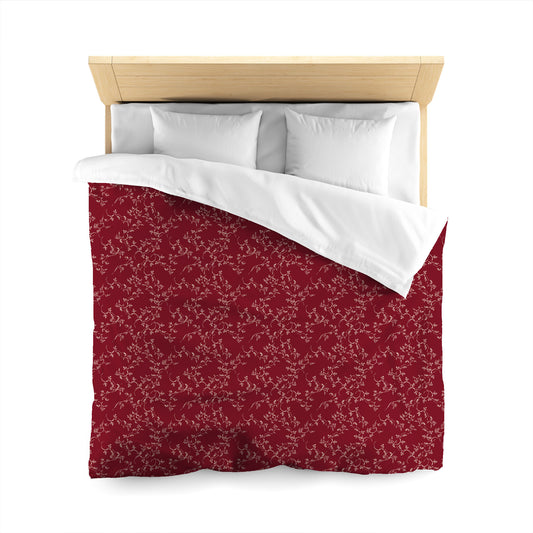 Burgundy Red Microfiber Duvet Cover, Beige Hand-painted Vine Print, Queen (width x length) 88 x 88 inches / 224 x 224 cm