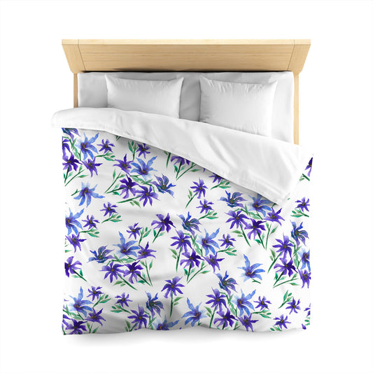 Off-White Cotton Sateen Duvet, Large Purple Floral Print, Queen - 90 x 90 inches
