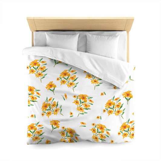 Off-White Cotton Sateen Duvet, Large Yellow-Orange Floral Print, Queen - 90 x 90 inches