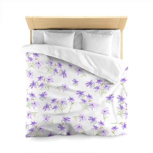 Off-White Cotton Sateen Duvet, Large Purple Floral Print, Queen - 90 x 90 inches