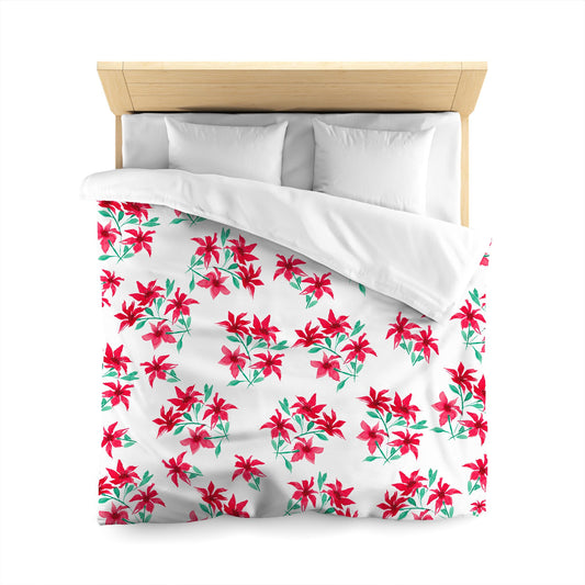 Off-White Cotton Sateen Duvet, Large Red Floral Print, Queen - 90 x 90 inches