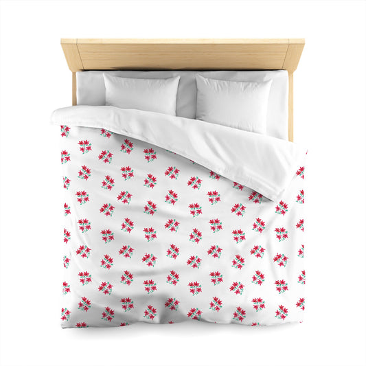 Off-White Cotton Sateen Duvet, Medium Red Floral Pattern, Queen - 90 x 90 inches
