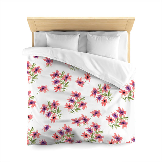 Off-White Cotton Sateen Duvet, Large Pink Floral Print, Queen - 90 x 90 inches