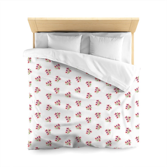 White Microfiber Duvet, Medium Pink Floral Pattern, Queen - 88 x 88 inches