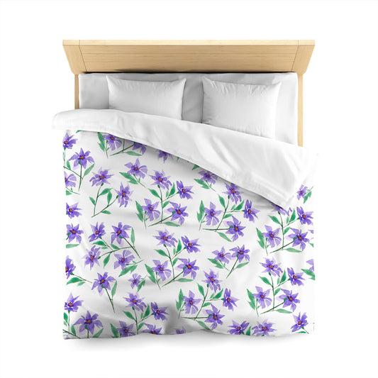 White Microfiber Duvet, Large Purple Floral Print, Queen - 88 x 88 inches