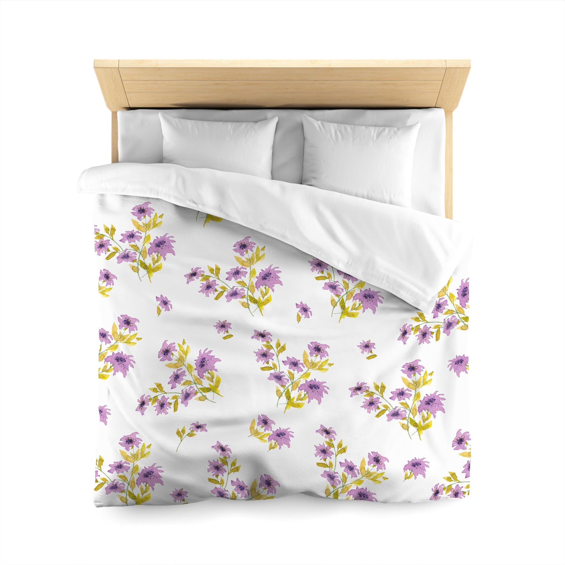 Off-White Cotton Sateen Duvet, Large Mauve Floral Print, Queen - 90 x 90 inches