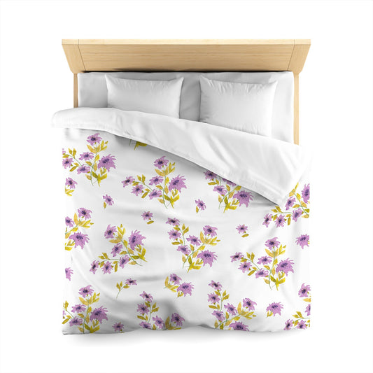 Off-White Cotton Sateen Duvet, Large Mauve Floral Print, Queen - 90 x 90 inches
