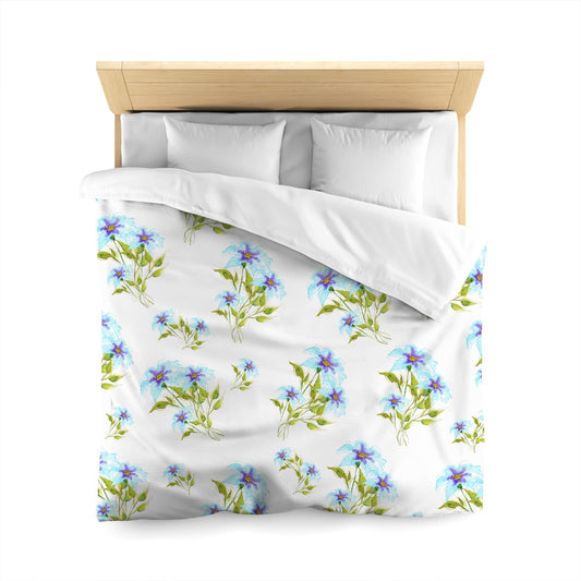 Off-White Cotton Sateen Duvet, Large Blue Floral Print, Queen - 90 x 90 inches