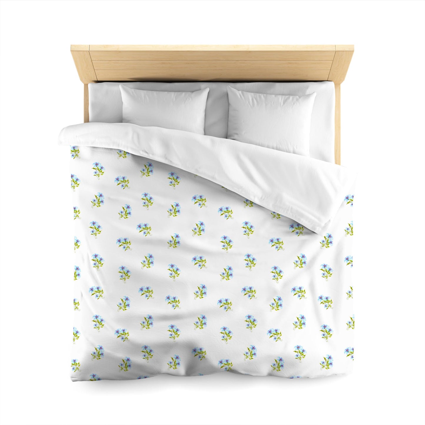 Off-White Cotton Sateen Duvet, Medium Blue Floral Pattern, Queen - 90 x 90 inches