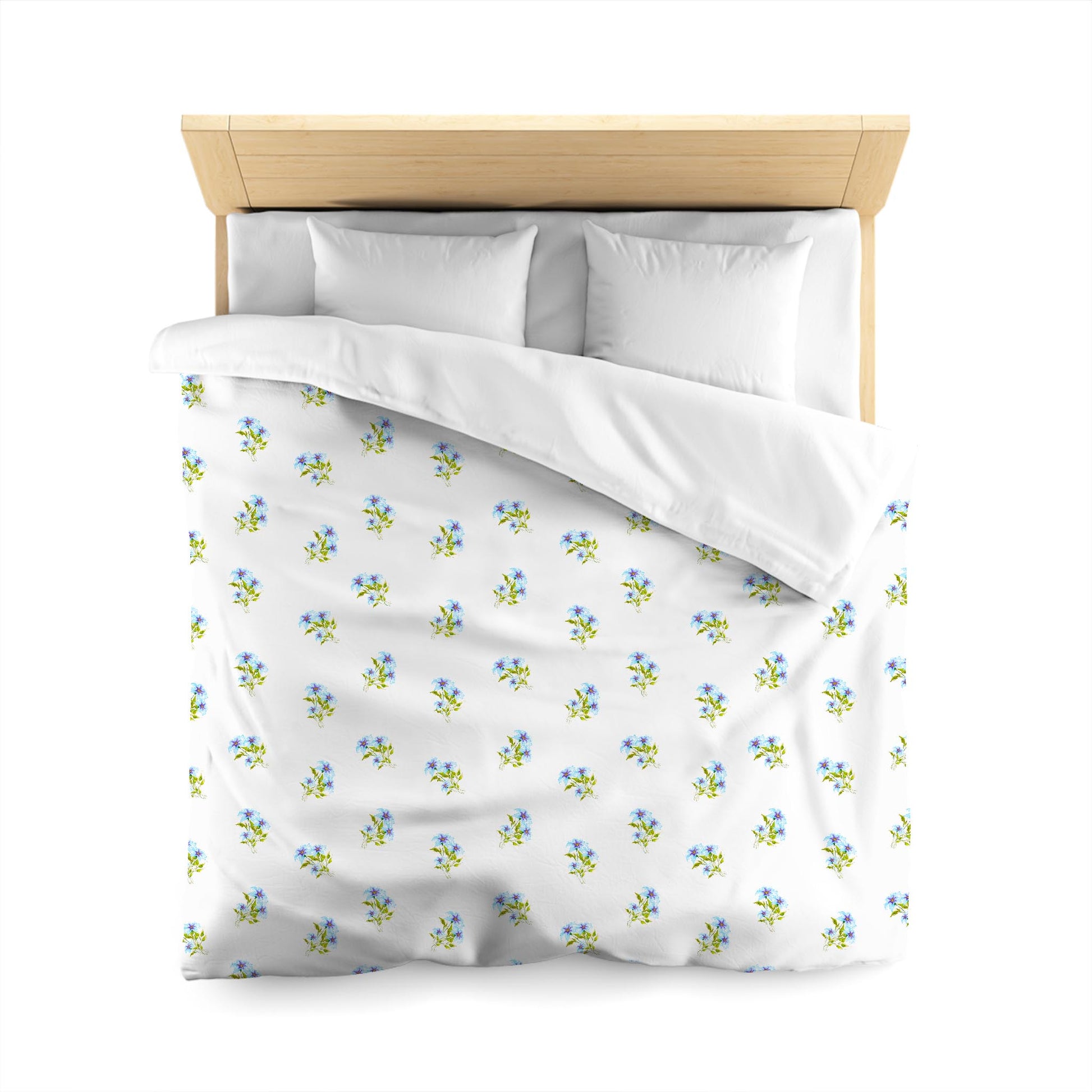 Off-White Cotton Sateen Duvet, Medium Blue Floral Pattern, Queen - 90 x 90 inches