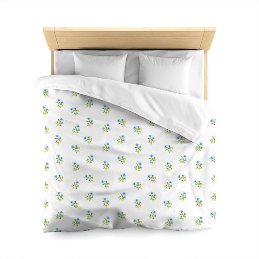 Off-White Cotton Sateen Duvet, Medium Blue Floral Pattern, Queen - 90 x 90 inches