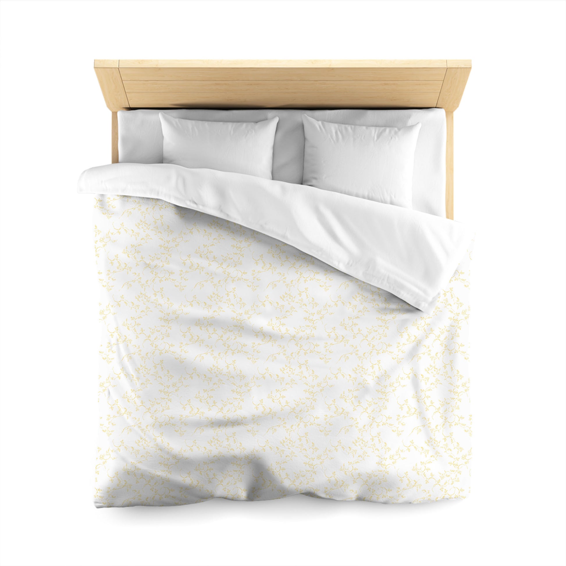 White Microfiber Duvet Cover, Yellow Hand-painted Vine Print, Queen (width x length) 88 x 88 inches / 224 x 224 cm