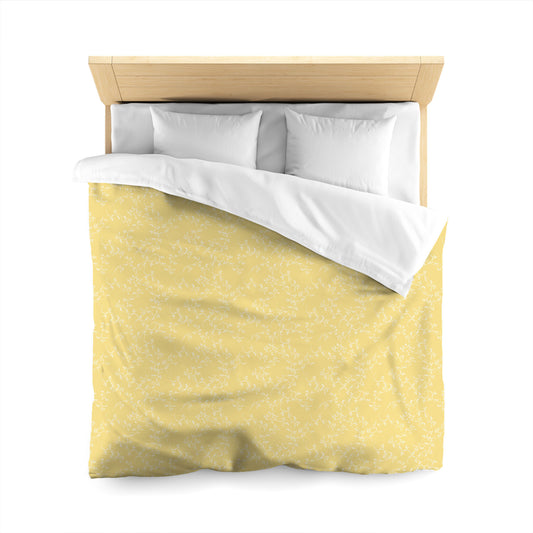 Yellow Microfiber Duvet Cover, White Hand-painted Vine Print, Queen (width x length) 88 x 88 inches / 224 x 224 cm