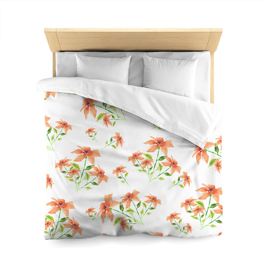 Off-White Cotton Sateen Duvet, Large Pale Orange Floral Print, Queen - 90 x 90 inches