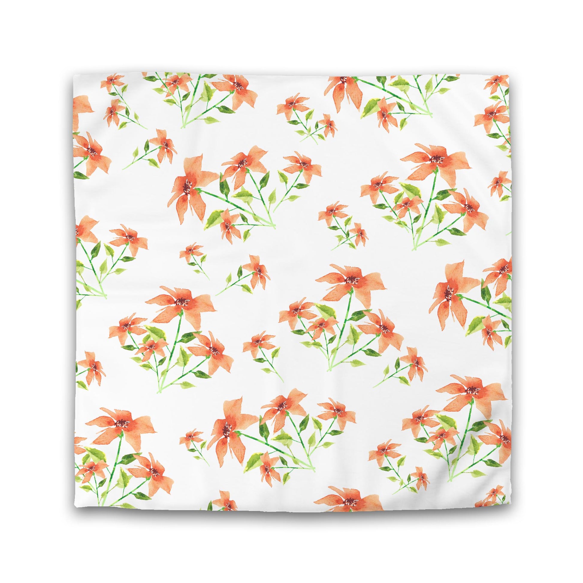 Off-White Cotton Sateen Duvet, Large Pale Orange Floral Print, Queen - 90 x 90 inches
