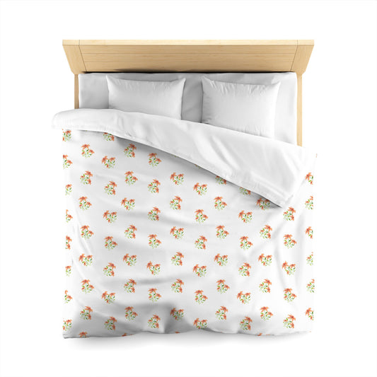 Off-White Cotton Sateen Duvet, Medium Pale Orange Floral Pattern, Queen - 90 x 90 inches