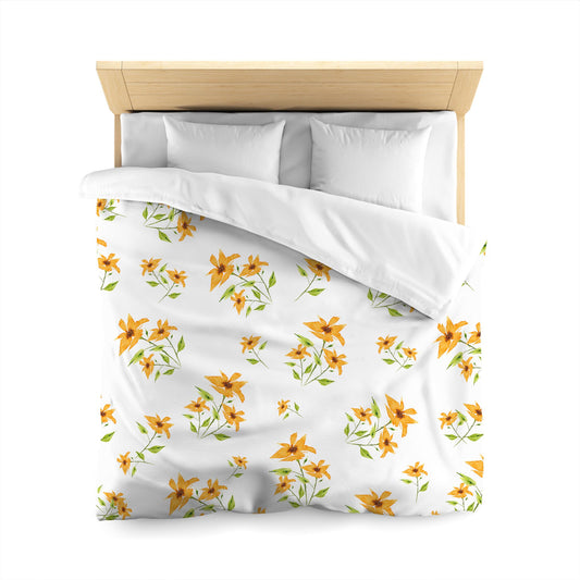 Off-White Cotton Sateen Duvet, Large Yellow-Orange Floral Print, Queen - 90 x 90 inches