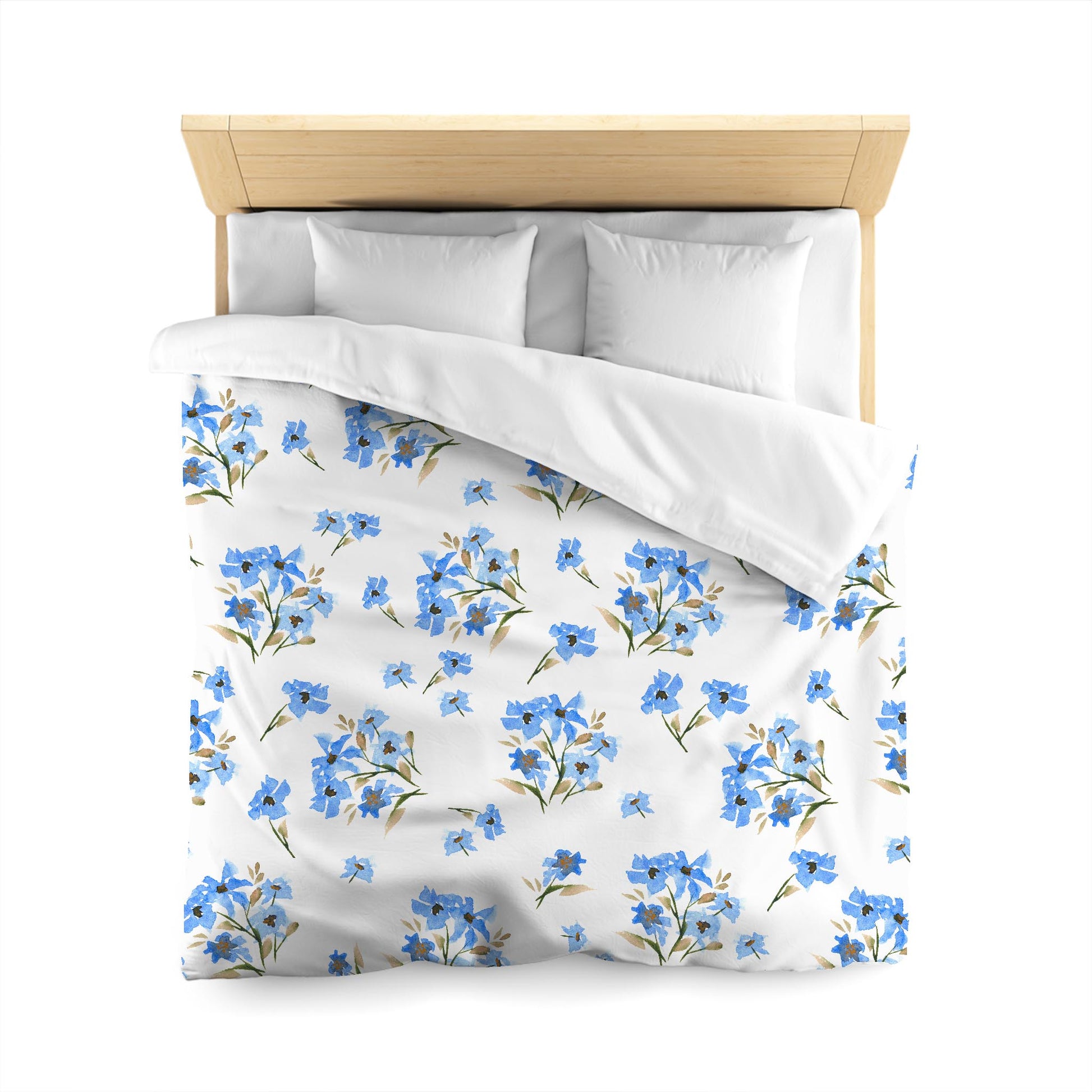 Off-White Cotton Sateen Duvet, Large Blue Floral Print, Queen - 90 x 90 inches