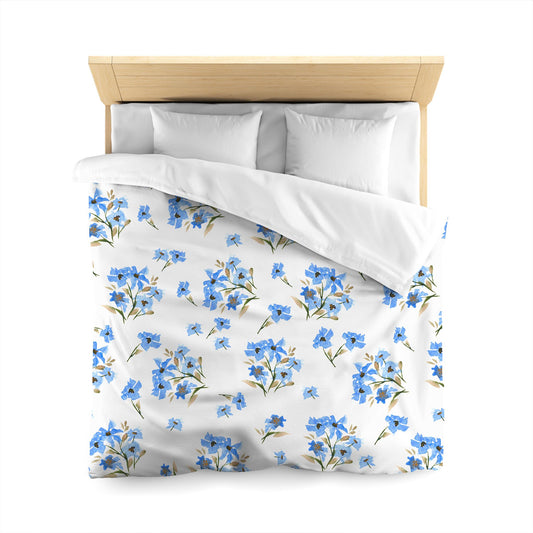 Off-White Cotton Sateen Duvet, Large Blue Floral Print, Queen - 90 x 90 inches