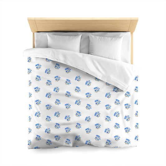 Off-White Cotton Sateen Duvet, Medium Blue Floral Pattern, Queen - 90 x 90 inches