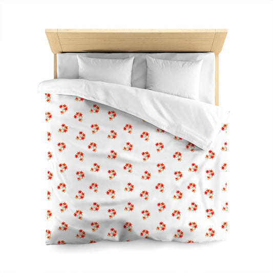 Off-White Cotton Sateen Duvet, Medium Red Floral Pattern, Queen - 90 x 90 inches