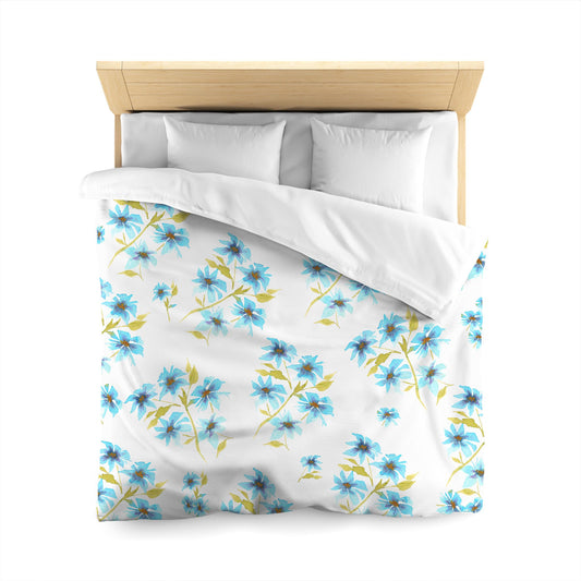 Off-White Cotton Sateen Duvet, Large Blue Floral Print, Queen - 90 x 90 inches