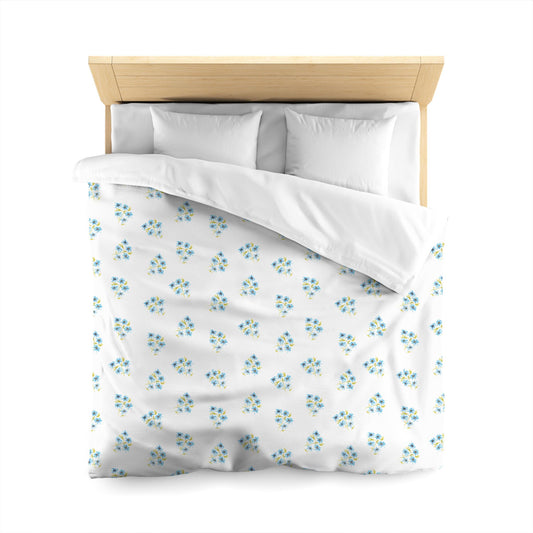Off-White Cotton Sateen Duvet, Medium Blue Floral Pattern, Queen - 90 x 90 inches