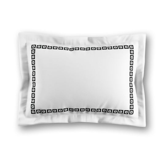 White Microfiber Pillow Sham with Flange, Black Repeating Square Motif Print, Classic Border, Tan Reverse Side, King (width x length) 22 x 38 inches / 56 x 97 cm