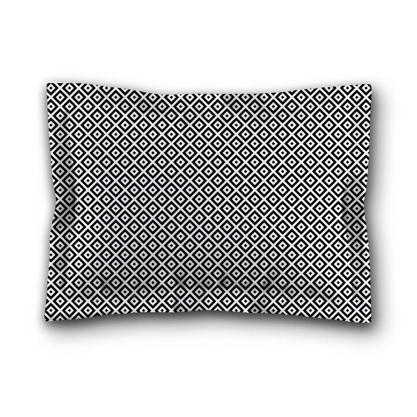 White Microfiber Pillow Sham with Flange, Black Repeating Square Motif Print, Tan Reverse Side, King (width x length) 22 x 38 inches / 56 x 97 cm