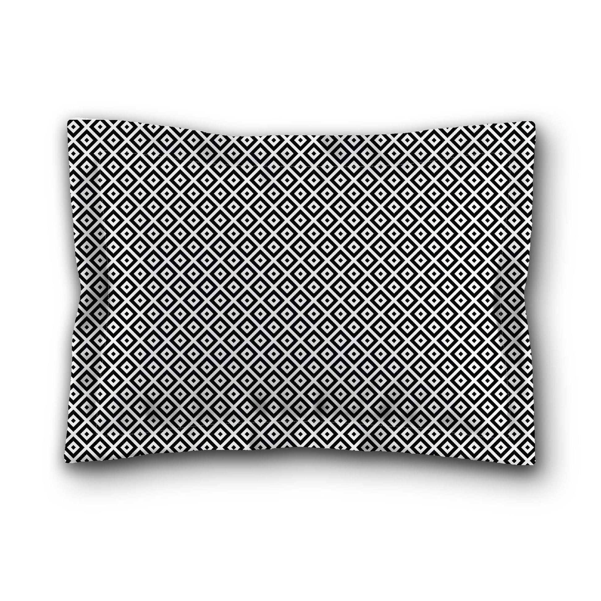White Microfiber Pillow Sham with Flange, Black Repeating Square Motif Print, Tan Reverse Side, King (width x length) 22 x 38 inches / 56 x 97 cm
