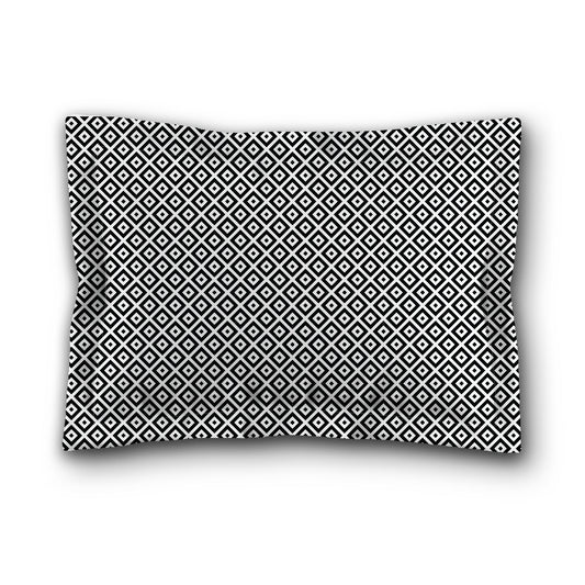 White Microfiber Pillow Sham with Flange, Black Repeating Square Motif Print, Tan Reverse Side, King (width x length) 22 x 38 inches / 56 x 97 cm