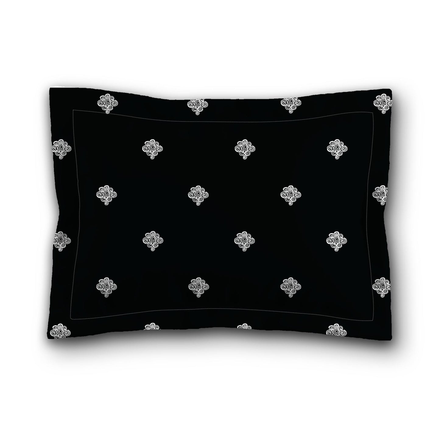 Black Microfiber Pillow Sham with Flange, White Hand-painted Swizzle Motif Print, Tan Reverse Side, King (width x length) 22 x 38 inches / 56 x 97 cm