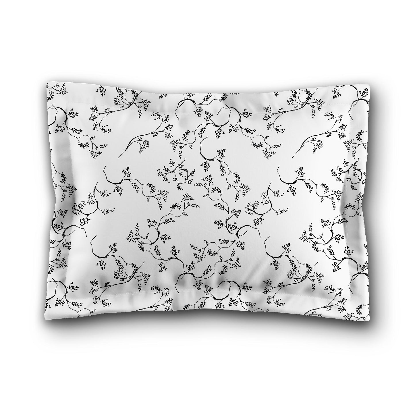 White Microfiber Pillow Sham with Flange, Black Hand-painted Vine Print, Tan Reverse Side, King (width x length) 22 x 38 inches / 56 x 97 cm