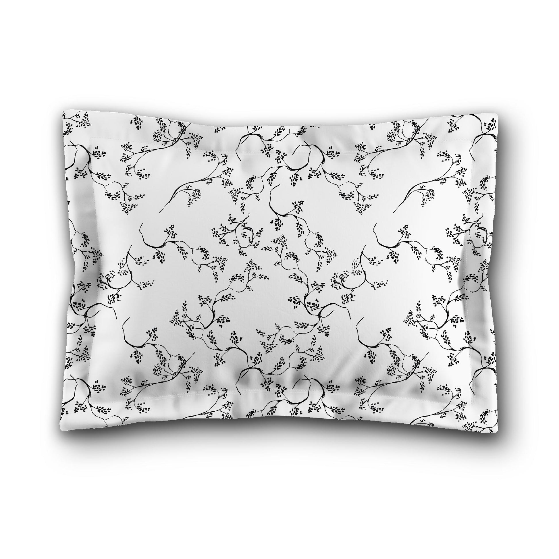 White Microfiber Pillow Sham with Flange, Black Hand-painted Vine Print, Tan Reverse Side, King (width x length) 22 x 38 inches / 56 x 97 cm