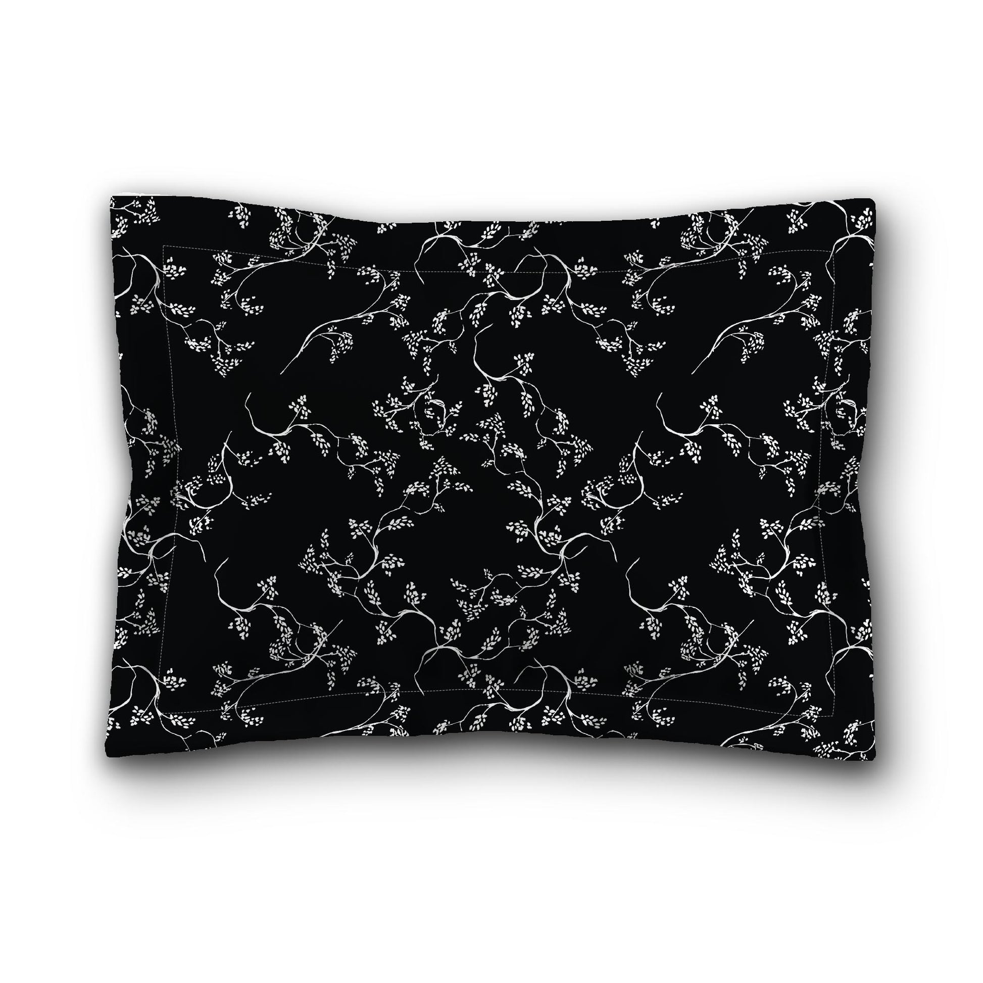 Black Microfiber Pillow Sham with Flange, White Hand-painted Vine Print, Tan Reverse Side, King (width x length) 22 x 38 inches / 56 x 97 cm