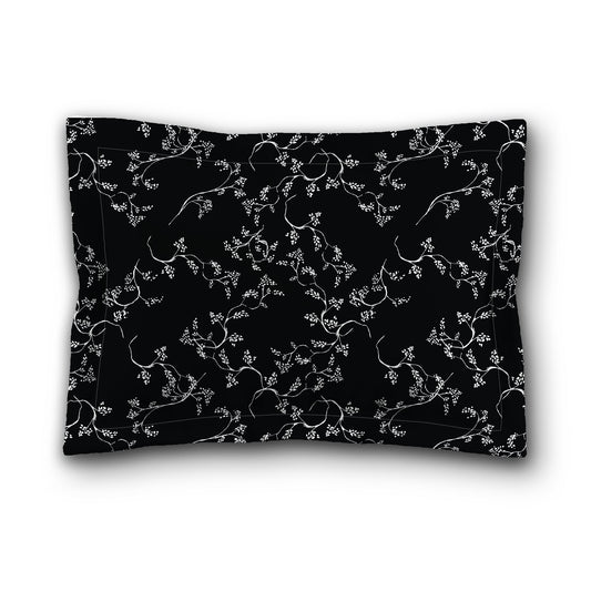 Black Microfiber Pillow Sham with Flange, White Hand-painted Vine Print, Tan Reverse Side, King (width x length) 22 x 38 inches / 56 x 97 cm